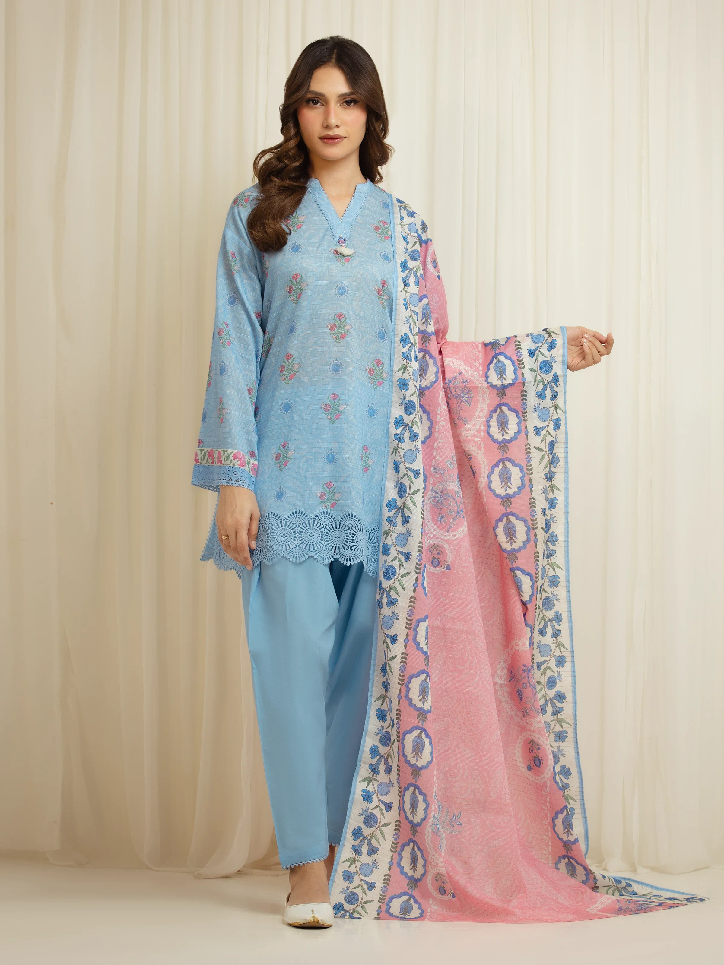 Unstitched Printed Zari Lawn Suit - EWU6M6-052-3P