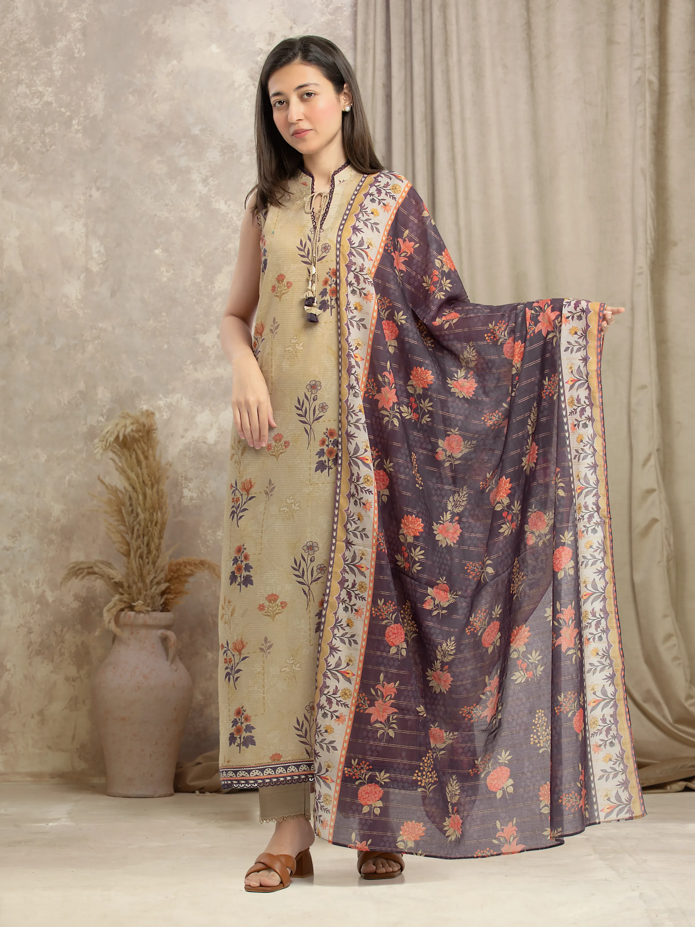 Unstitched Printed Zari Lawn Suit - EWU6M6-054-3P