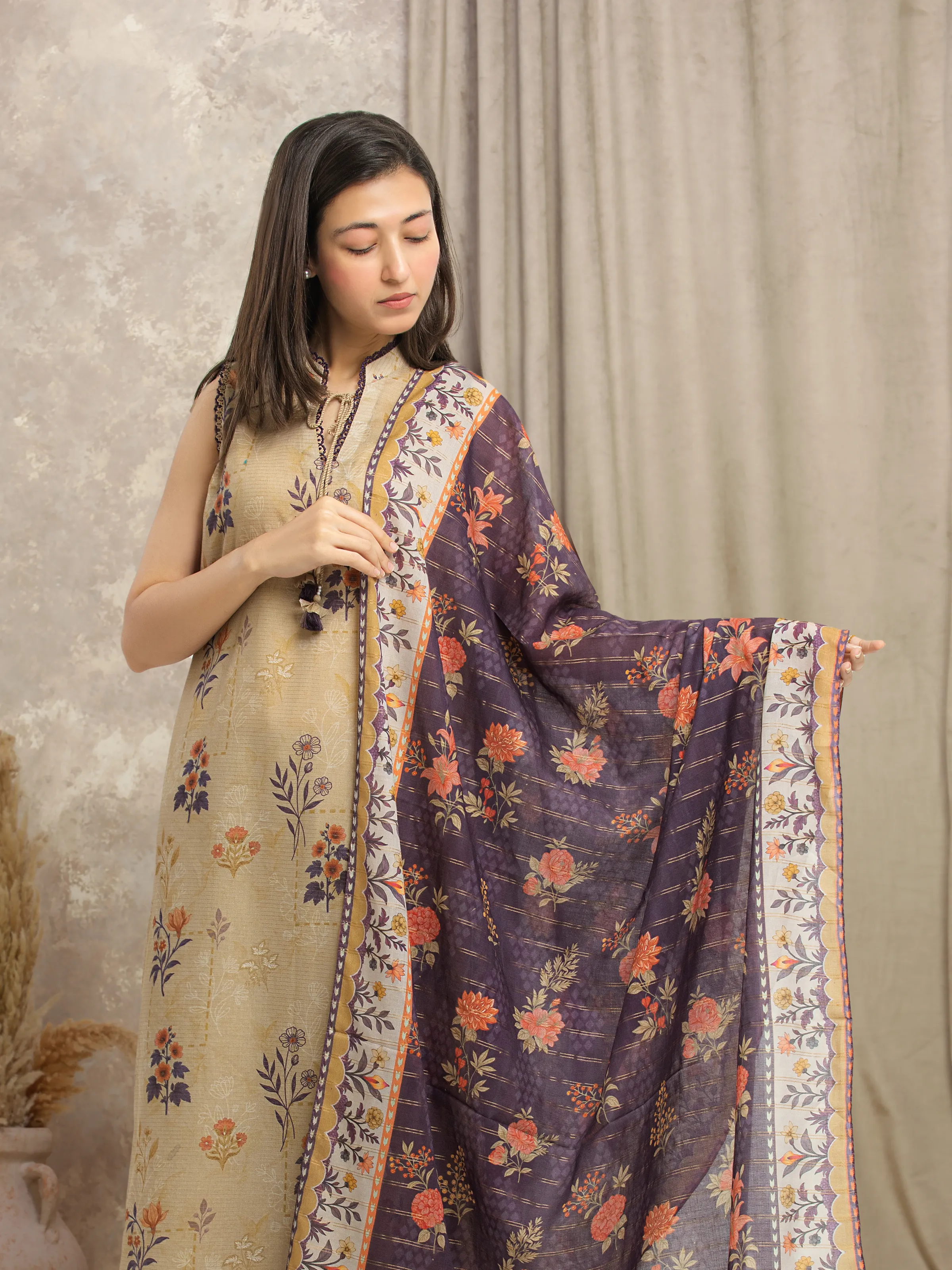 Unstitched Printed Zari Lawn Suit - EWU6M6-054-3P - Image 2