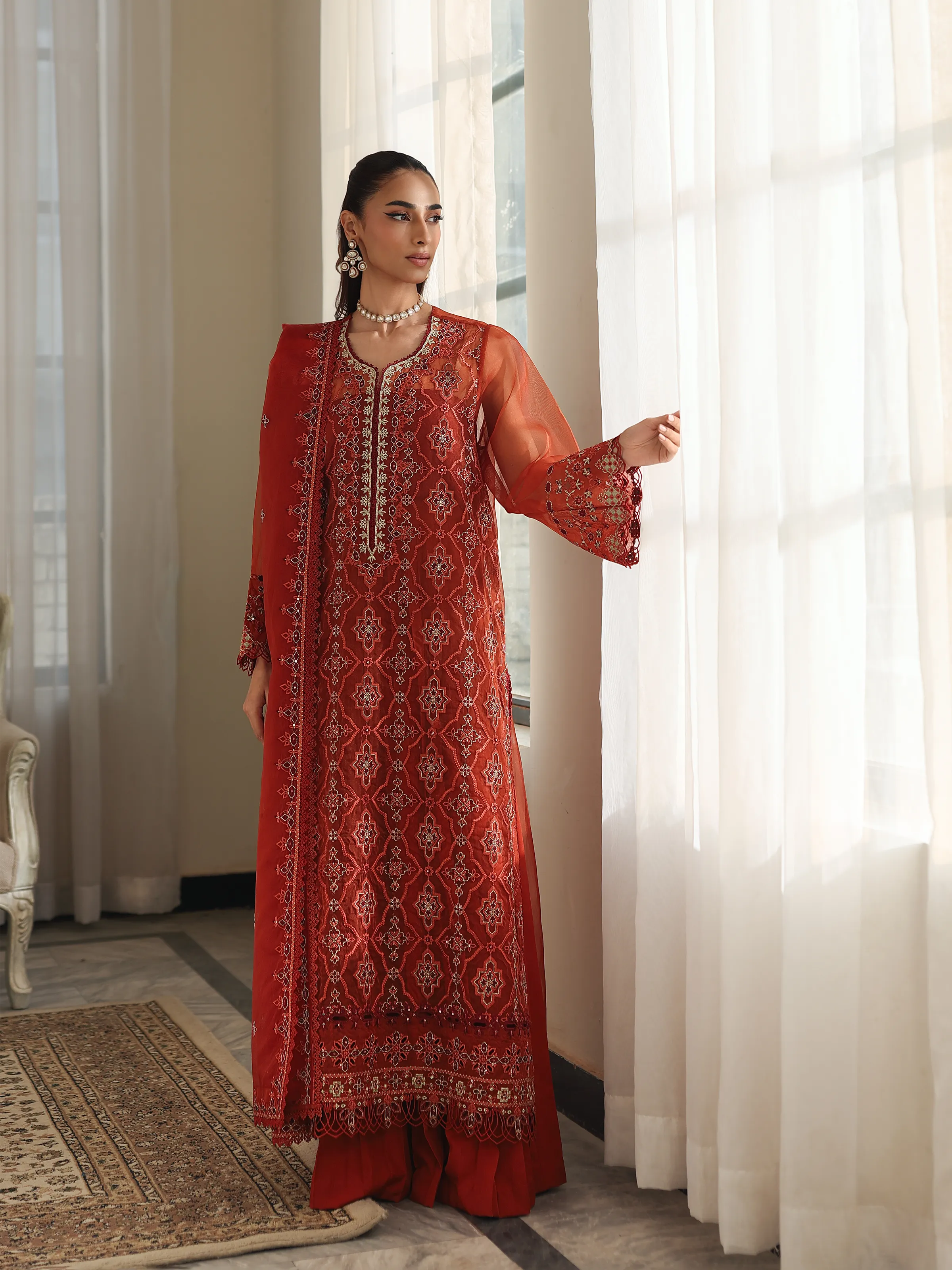 Unstitched Embroidered Organza Suit - EWU5V4-31267-3P - Image 5