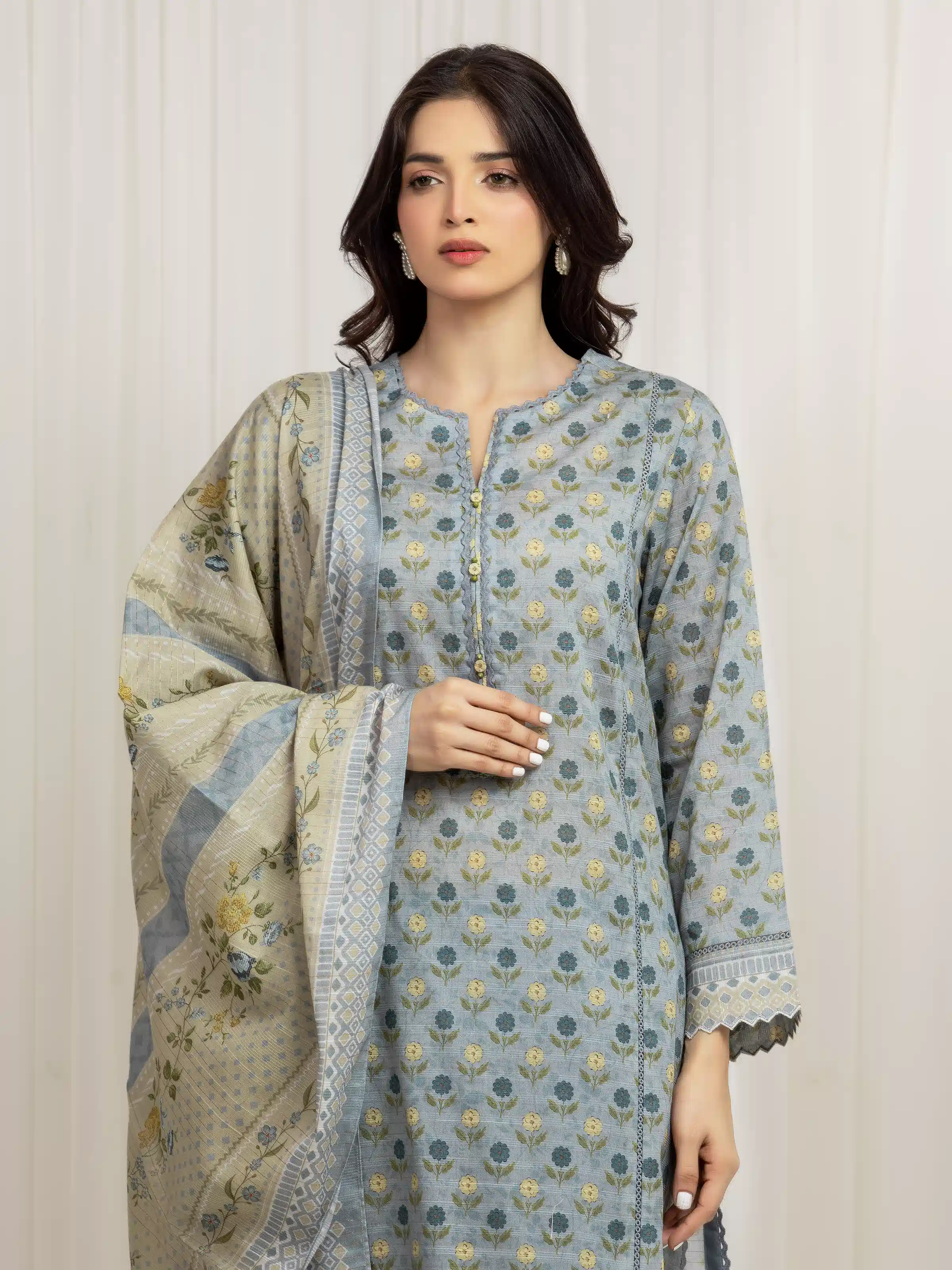 Unstitched Stone Blue Printed Zari Lawn Suit - EWU6M6-023-3P - Image 2