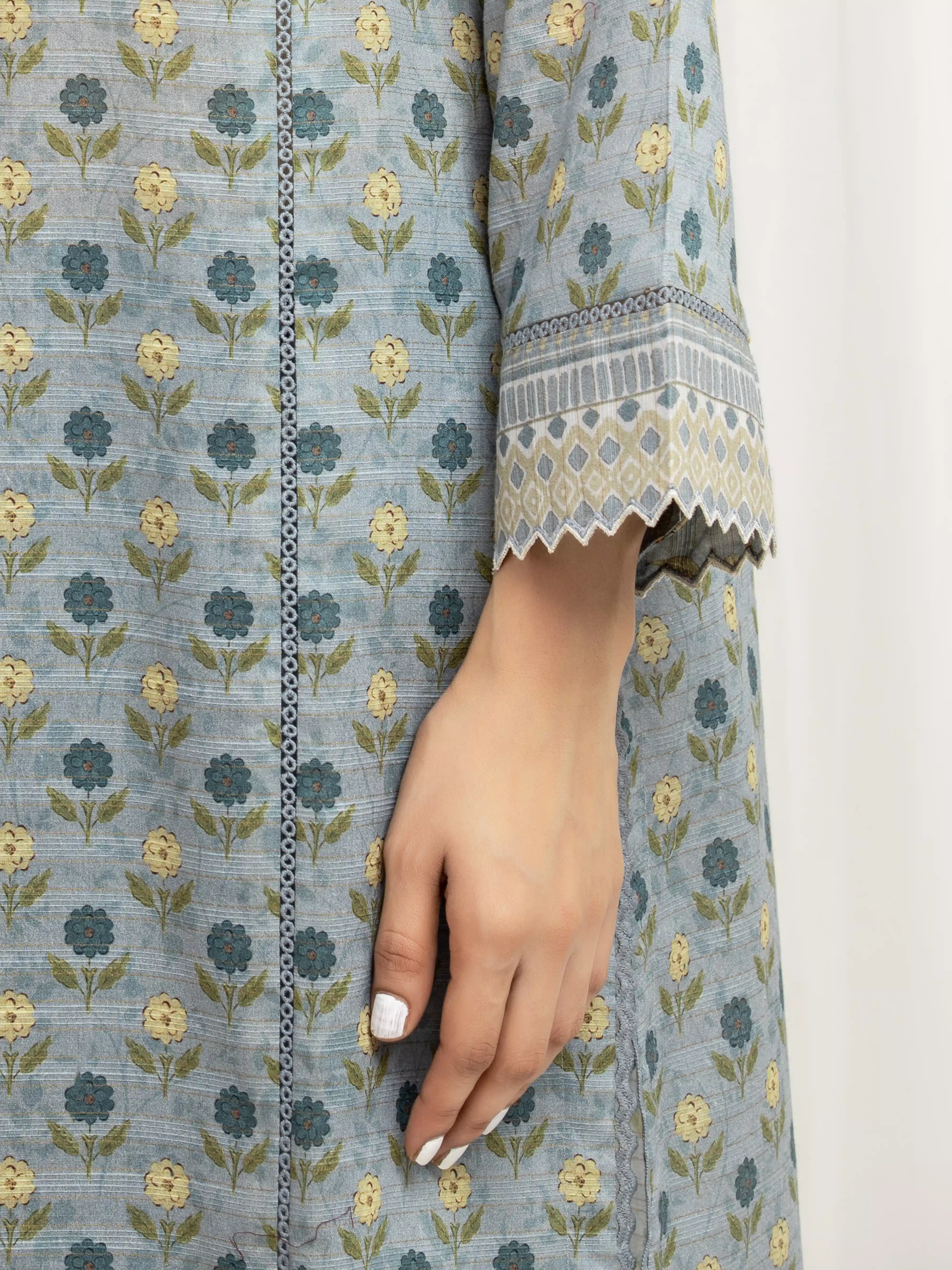 Unstitched Stone Blue Printed Zari Lawn Suit - EWU6M6-023-3P - Image 3