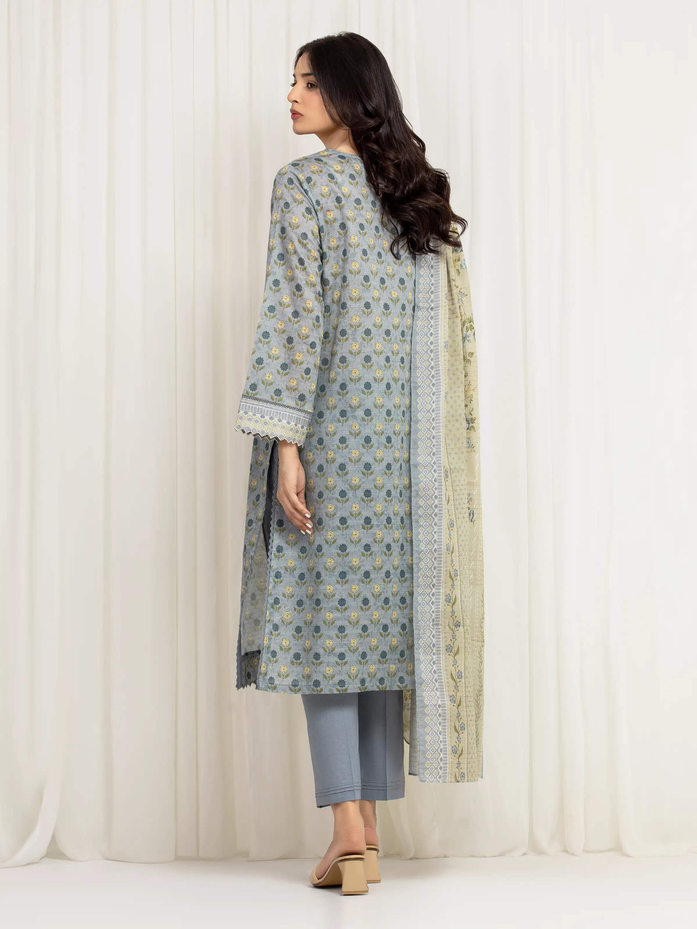 Unstitched Stone Blue Printed Zari Lawn Suit - EWU6M6-023-3P - Image 4