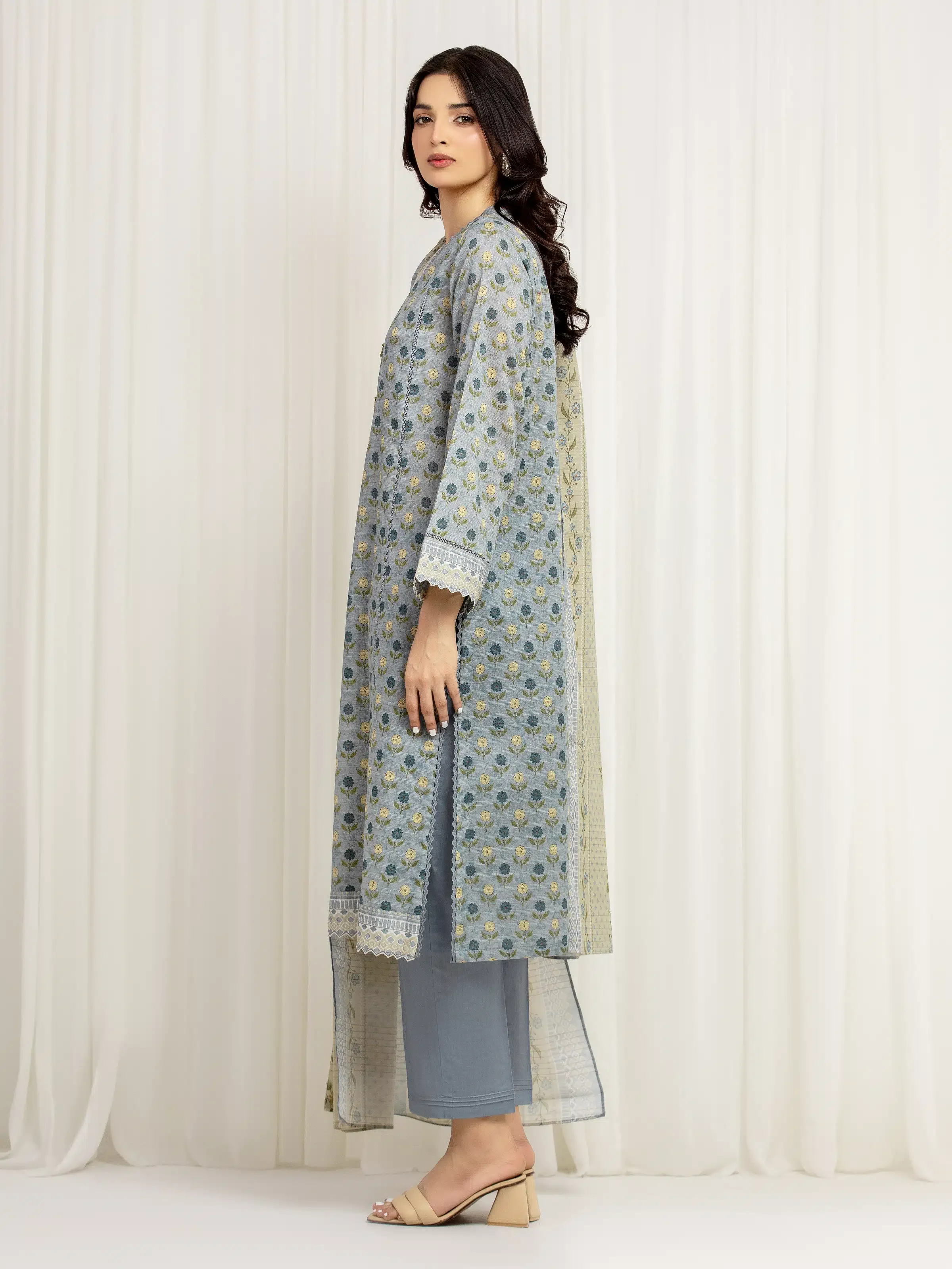Unstitched Stone Blue Printed Zari Lawn Suit - EWU6M6-023-3P - Image 5