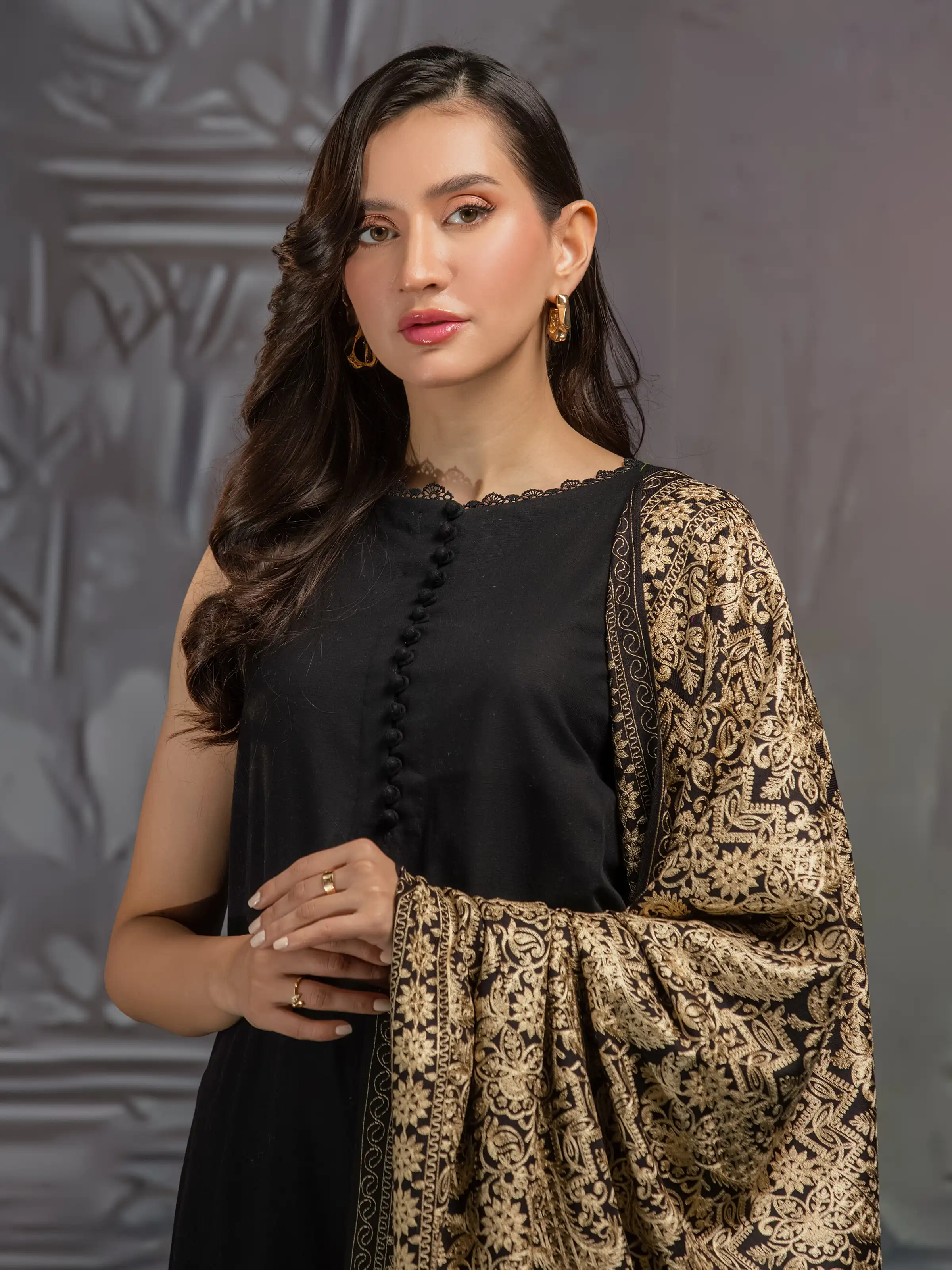 Embroidered Pashmina Jacquard Zari Shawl - EWMSE5-003 - Image 4