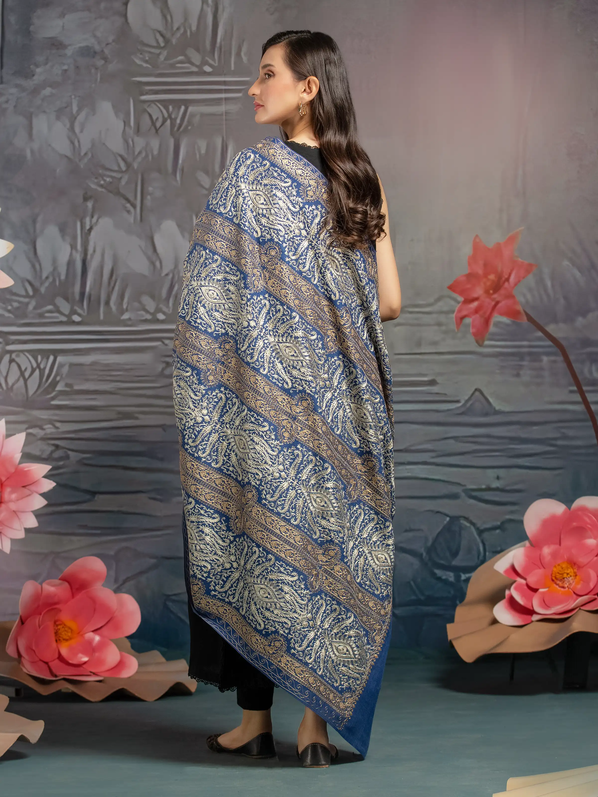 Embroidered Pashmina Jacquard Zari Shawl - EWMSE5-001 - Image 2