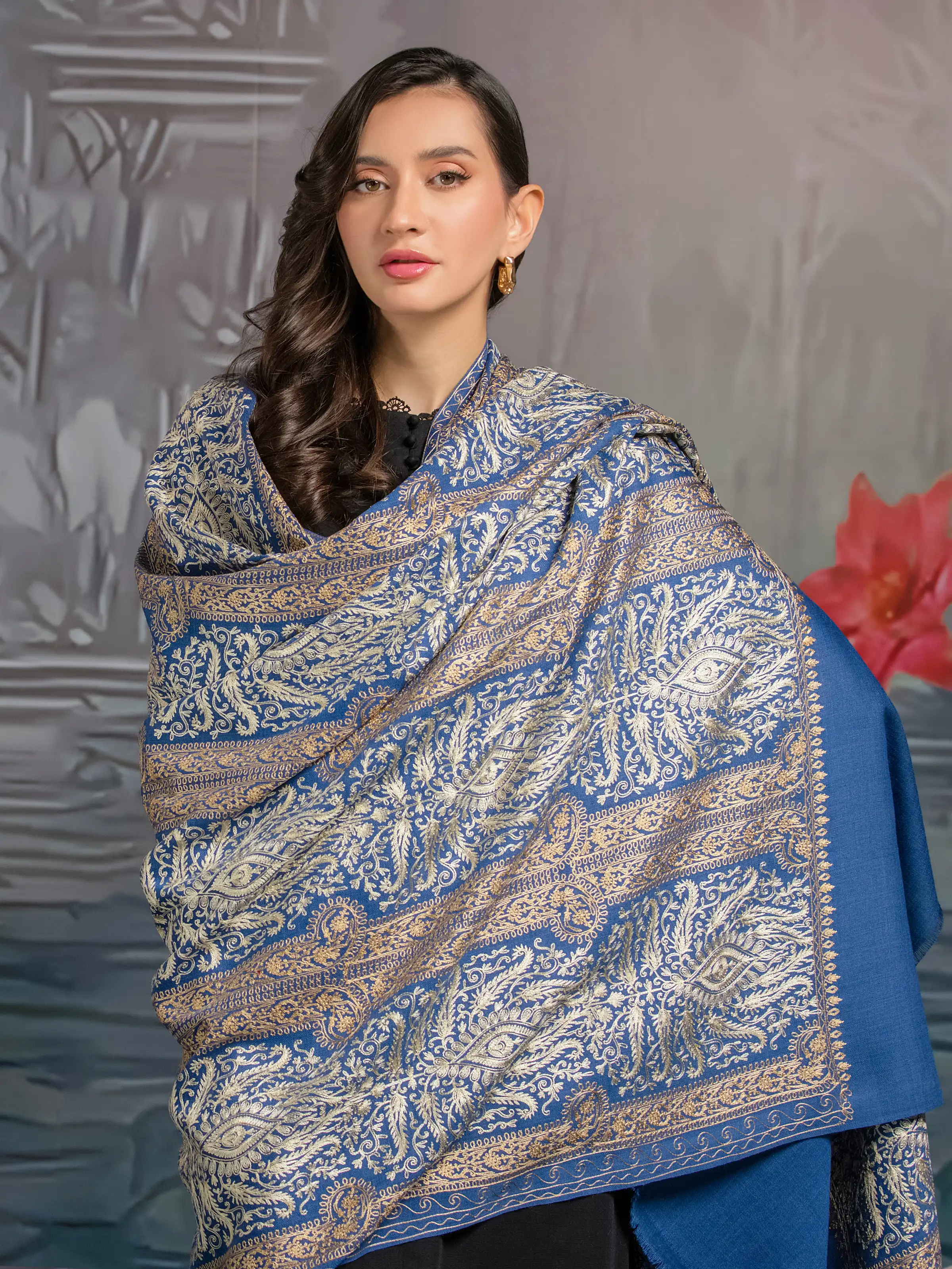 Embroidered Pashmina Jacquard Zari Shawl - EWMSE5-001 - Image 3