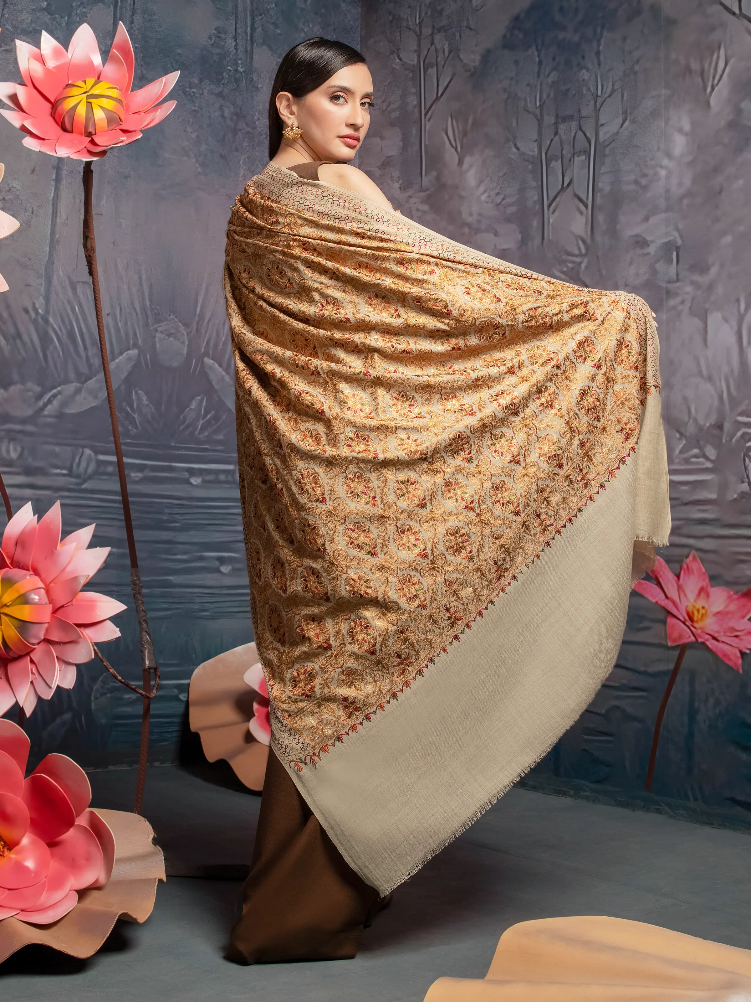 Embroidered Pashmina Jacquard Zari Shawl - EWMSE5-006 - Image 2