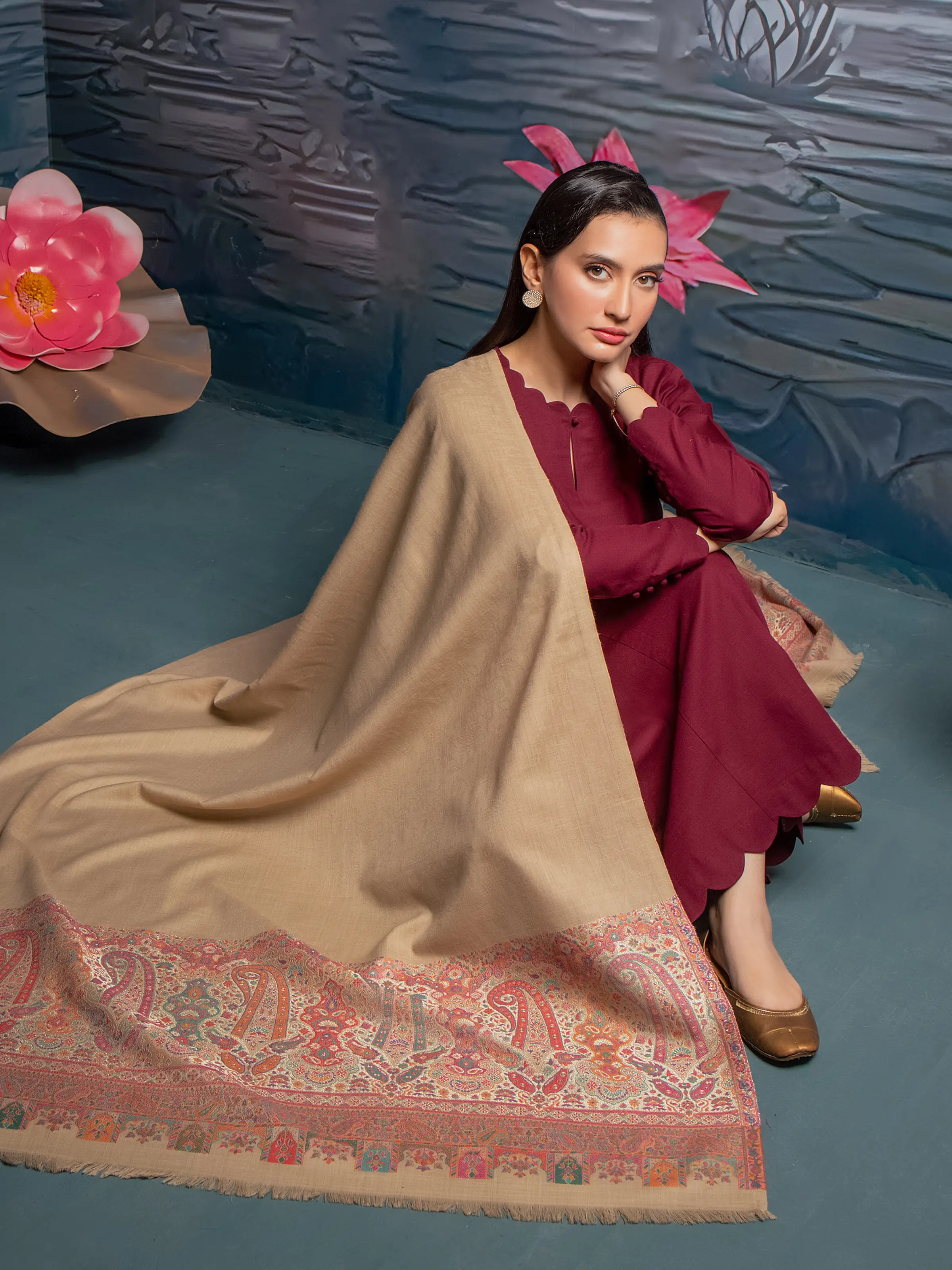 Pashmina Jacquard Zari Shawl - EWMS5-009 - Image 3