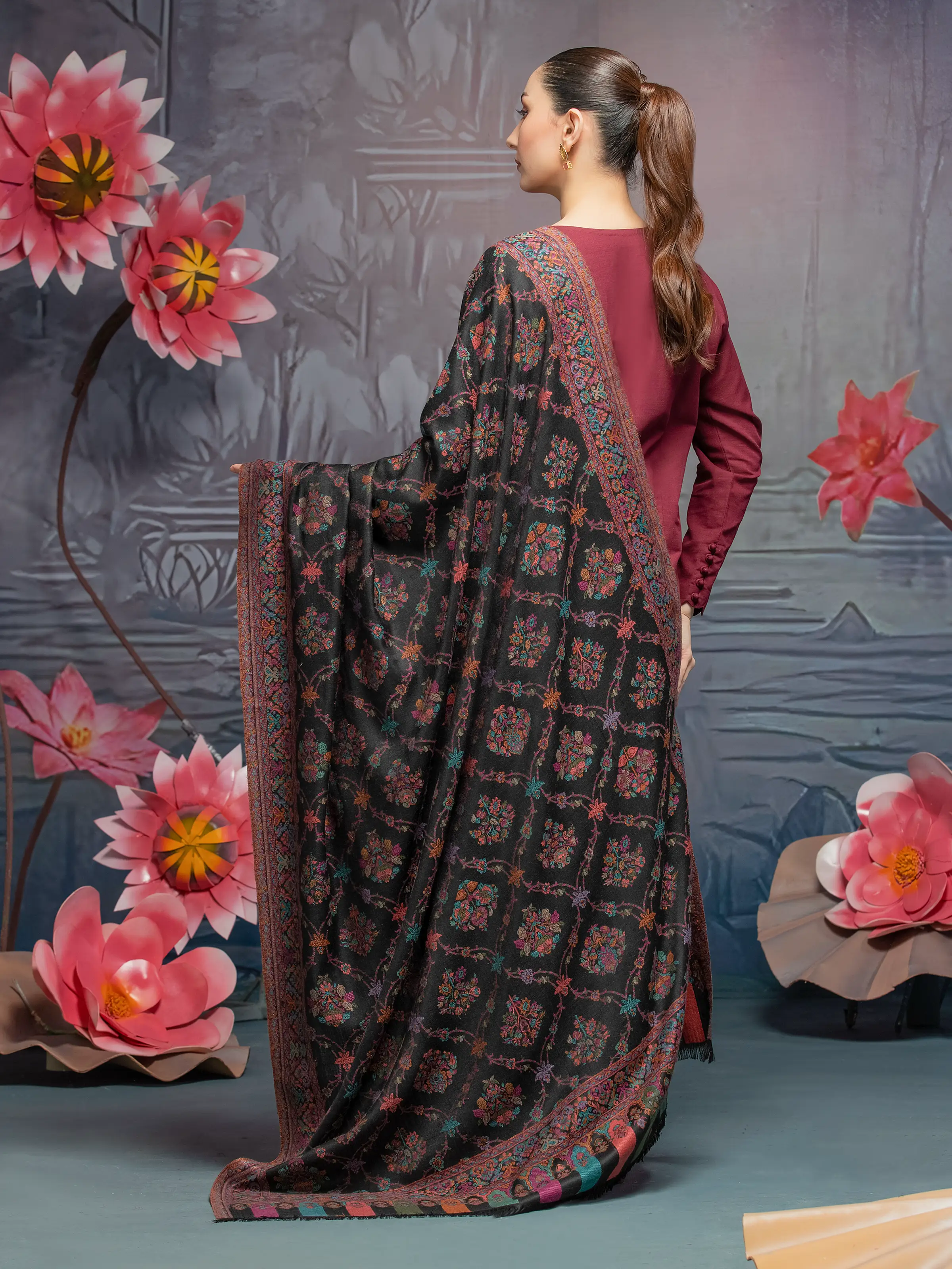 Pashmina Jacquard Zari Shawl - EWMS5-040 - Image 2