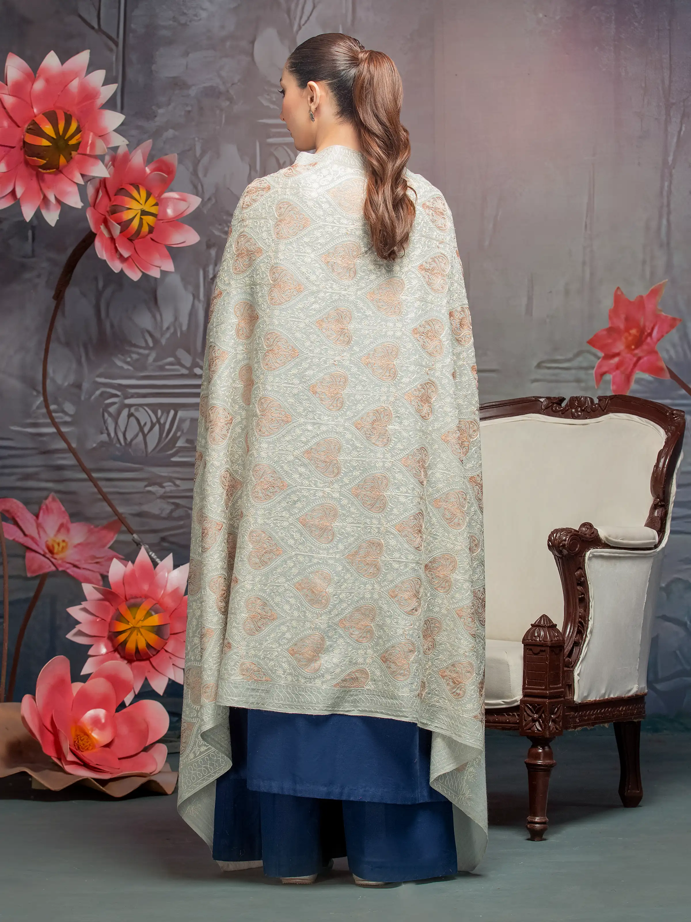 Embroidered Pashmina Jacquard Zari Shawl - EWMSE5-004 - Image 2