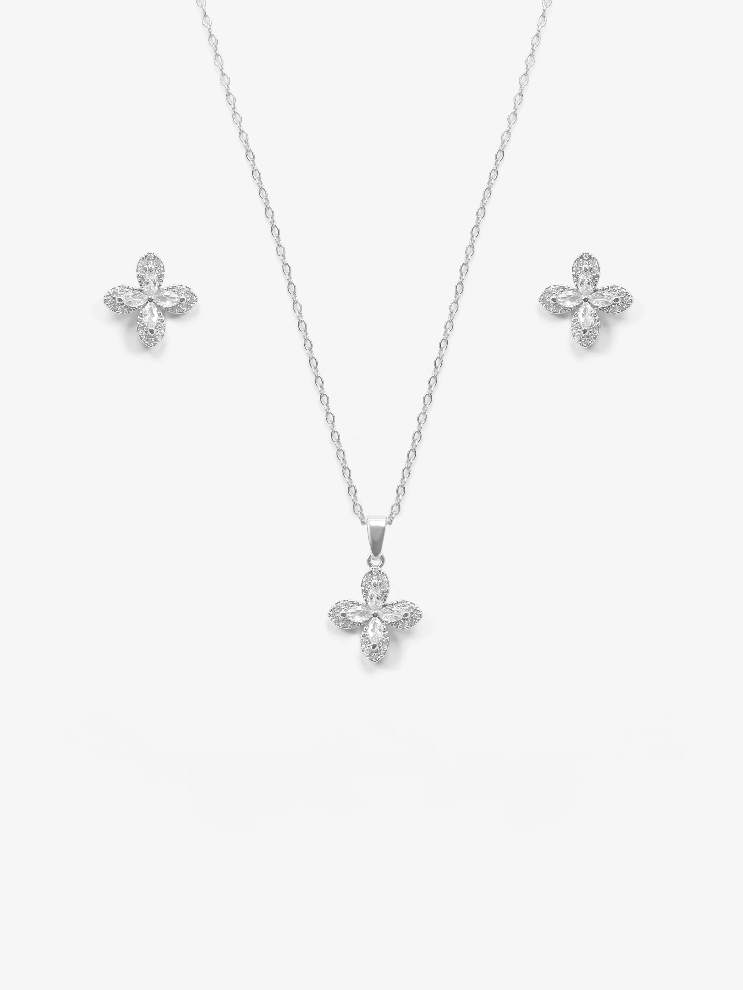 Floral Clover Pendant & Stud Silver Jewelry Set - EAWJS5-007
