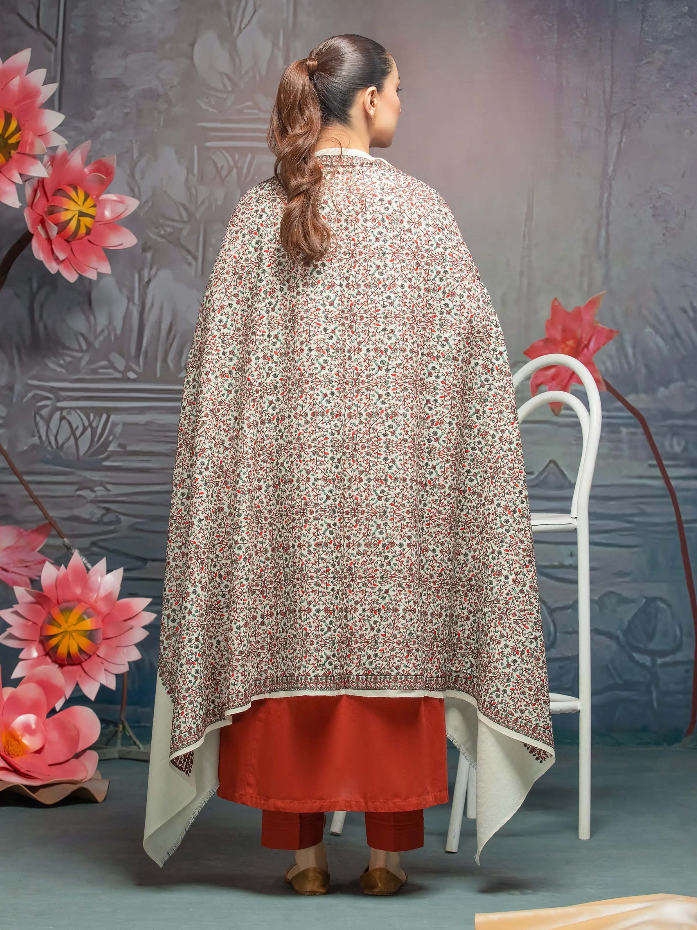Embroidered Pashmina Jacquard Zari Shawl - EWMSE5-005 - Image 2